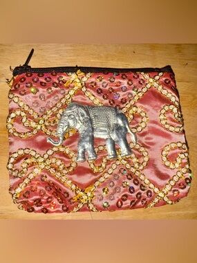 Embellished Elephant Zip Pouch in Coral and Gold